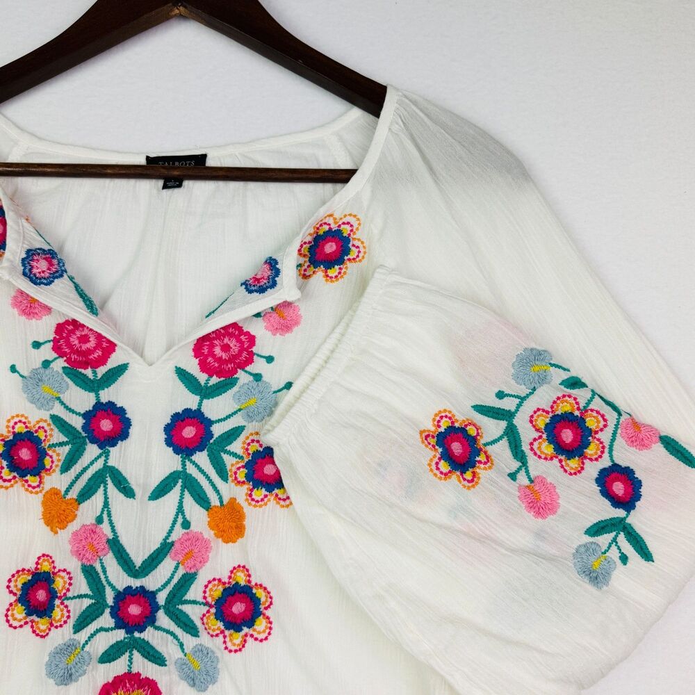 Talbots Embroidered Boho Peasant Top Large